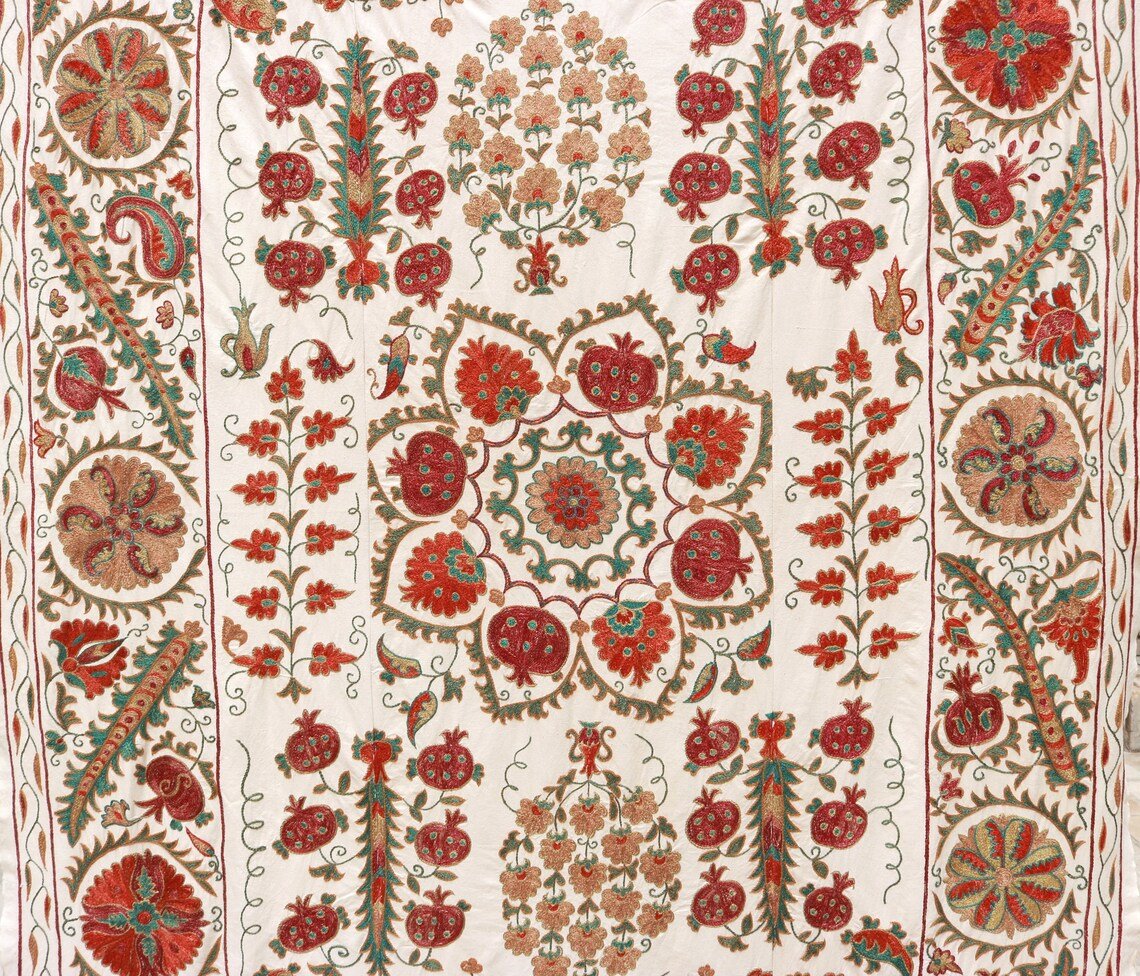 MS1524-31 Uzbek Suzani Embroidery. An Exquisite Handmade Silk on Ikat Suzani