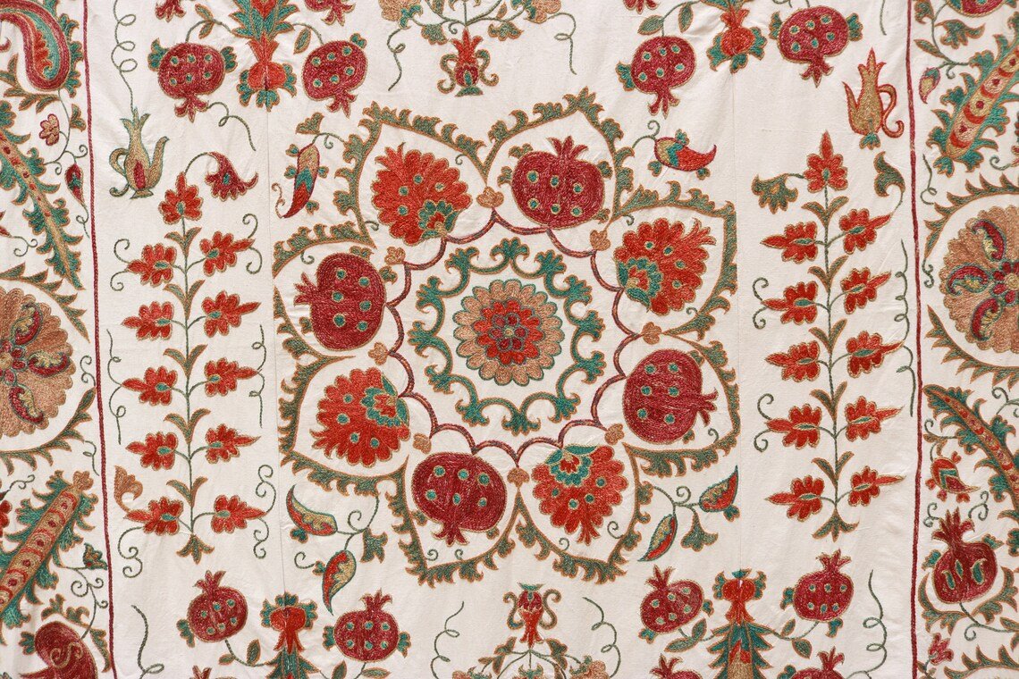 MS1524-34 Uzbek Suzani Embroidery. An Exquisite Handmade Silk on Ikat Suzani