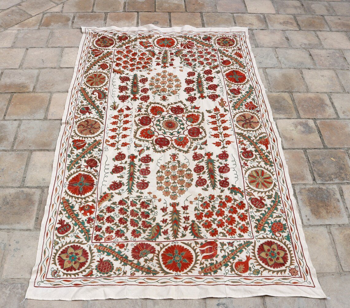 MS1524-35 Uzbek Suzani Embroidery. An Exquisite Handmade Silk on Ikat Suzani