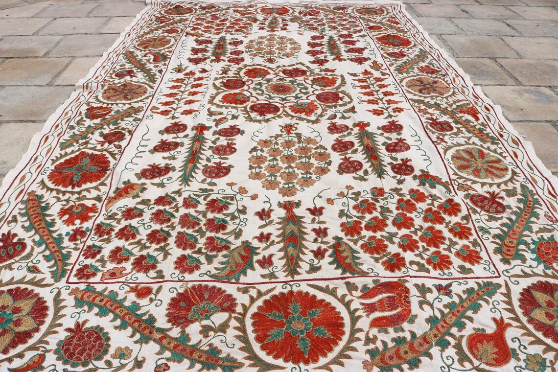 MS1524-36 Uzbek Suzani Embroidery. An Exquisite Handmade Silk on Ikat Suzani