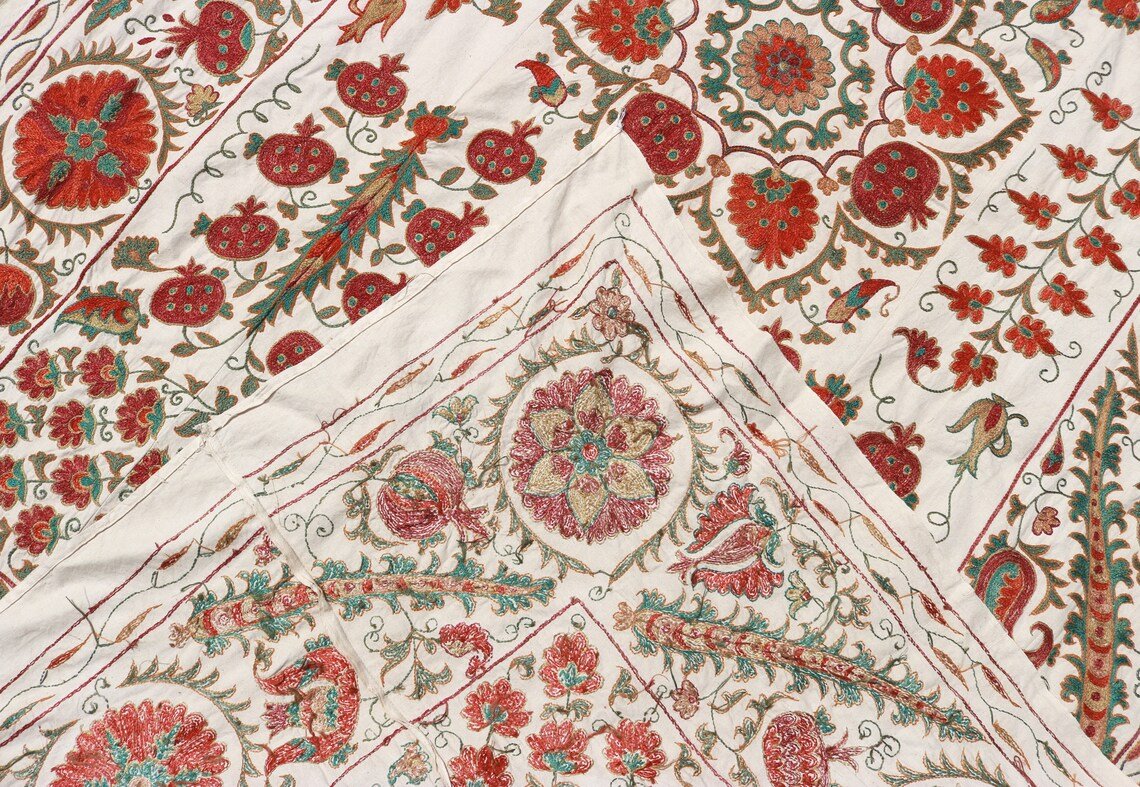 MS1524-37 Uzbek Suzani Embroidery. An Exquisite Handmade Silk on Ikat Suzani