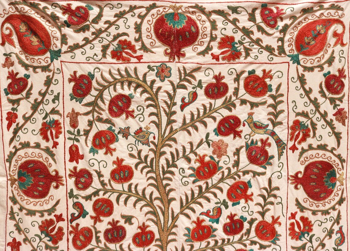 Silk Suzani Embroidery. Unique and Distinctive Embroidery. Suzani Tablecloth, Suzani Bed Cover, Wall Hanging Suzani.