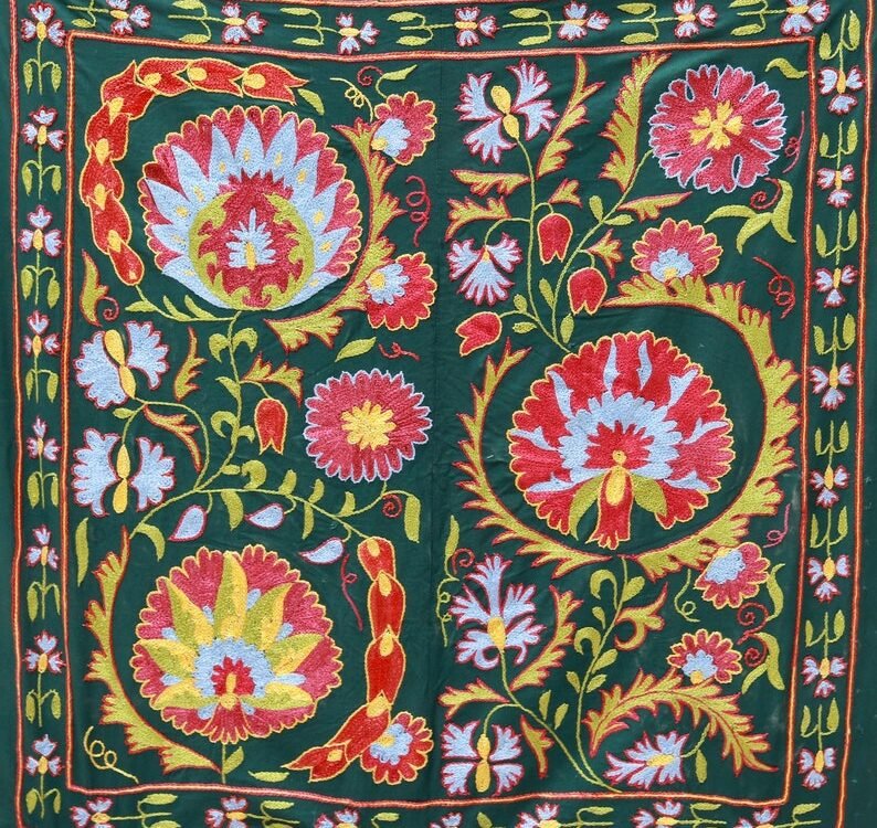 il_794xN.5080527295_imjz “Silk Suzani Fabric: Unique, Distinctive Embroidery Ideal for Tablecloths, Bed Covers, and Wall Hangings.”