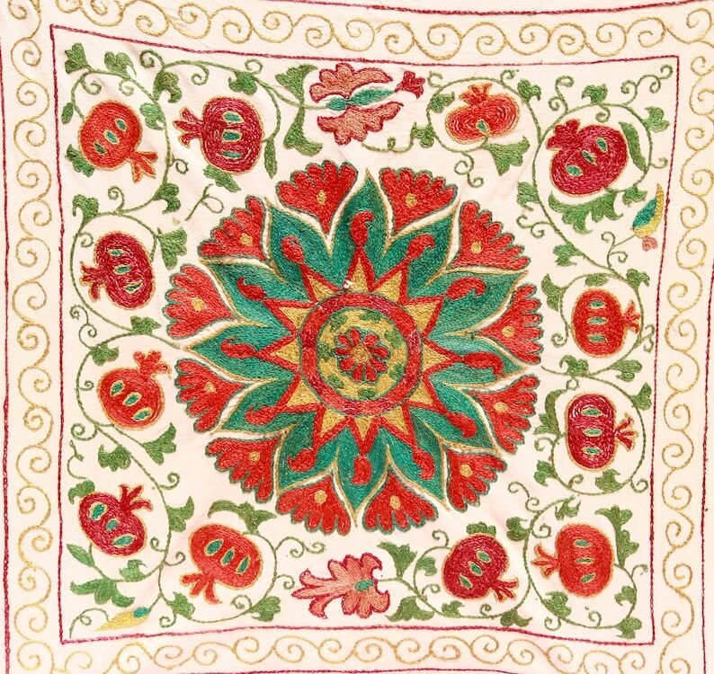 il_794xN.5291947243_9rse “Silk Suzani Fabric: Unique, Distinctive Embroidery Ideal for Tablecloths, Bed Covers, and Wall Hangings.”