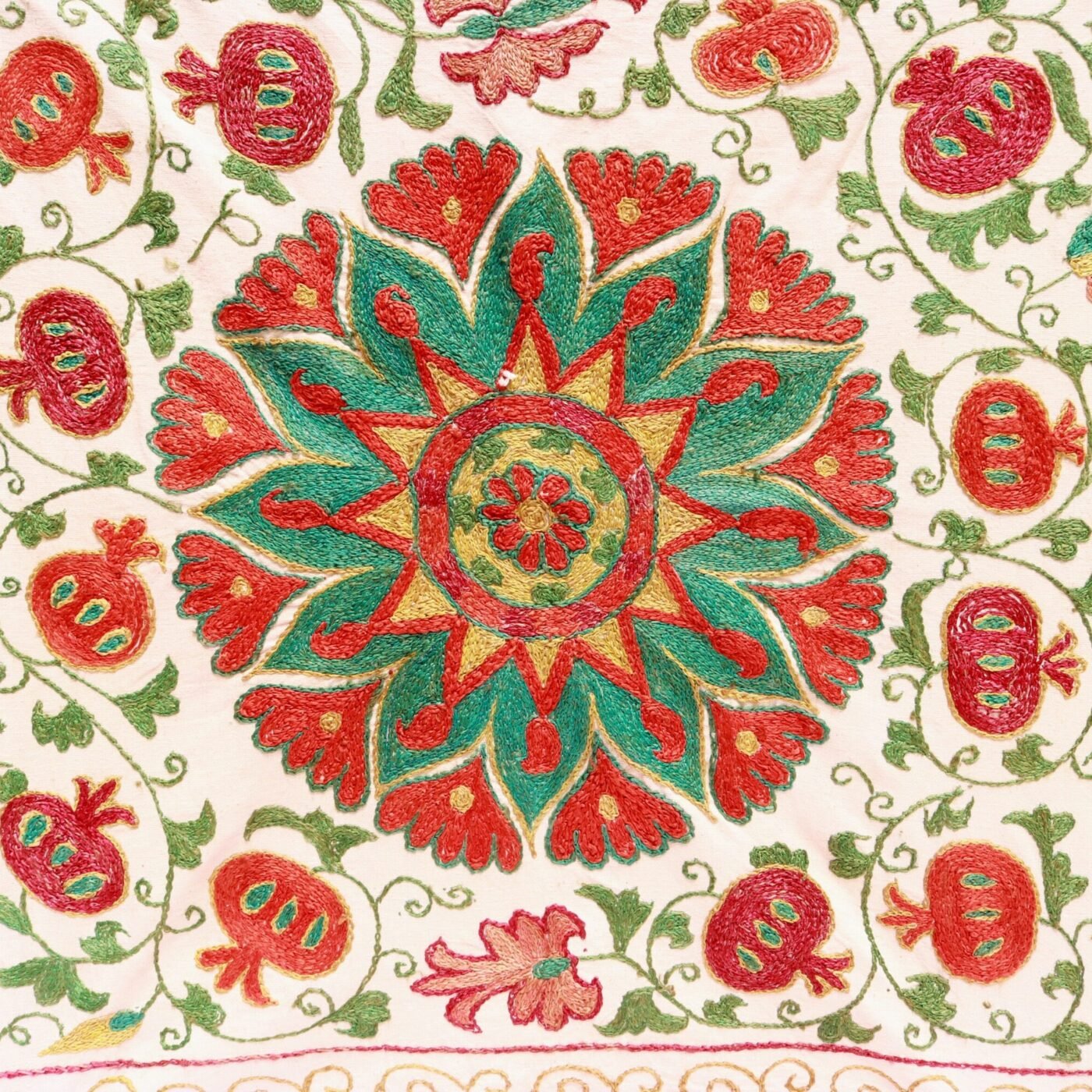 “Silk Suzani Fabric: Unique, Distinctive Embroidery Ideal for Tablecloths, Bed Covers, and Wall Hangings.”