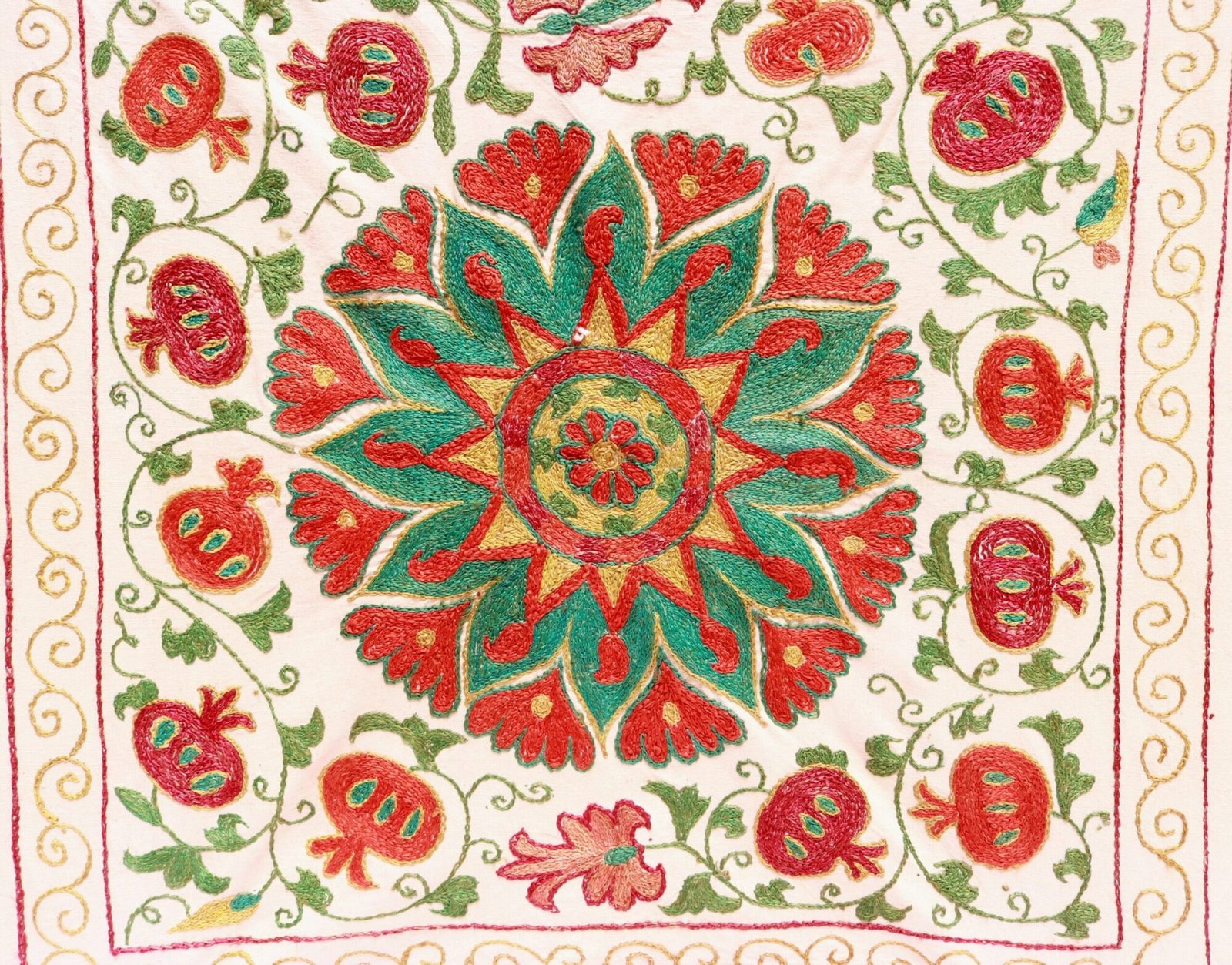 “Silk Suzani Fabric: Unique, Distinctive Embroidery Ideal for Tablecloths, Bed Covers, and Wall Hangings.”