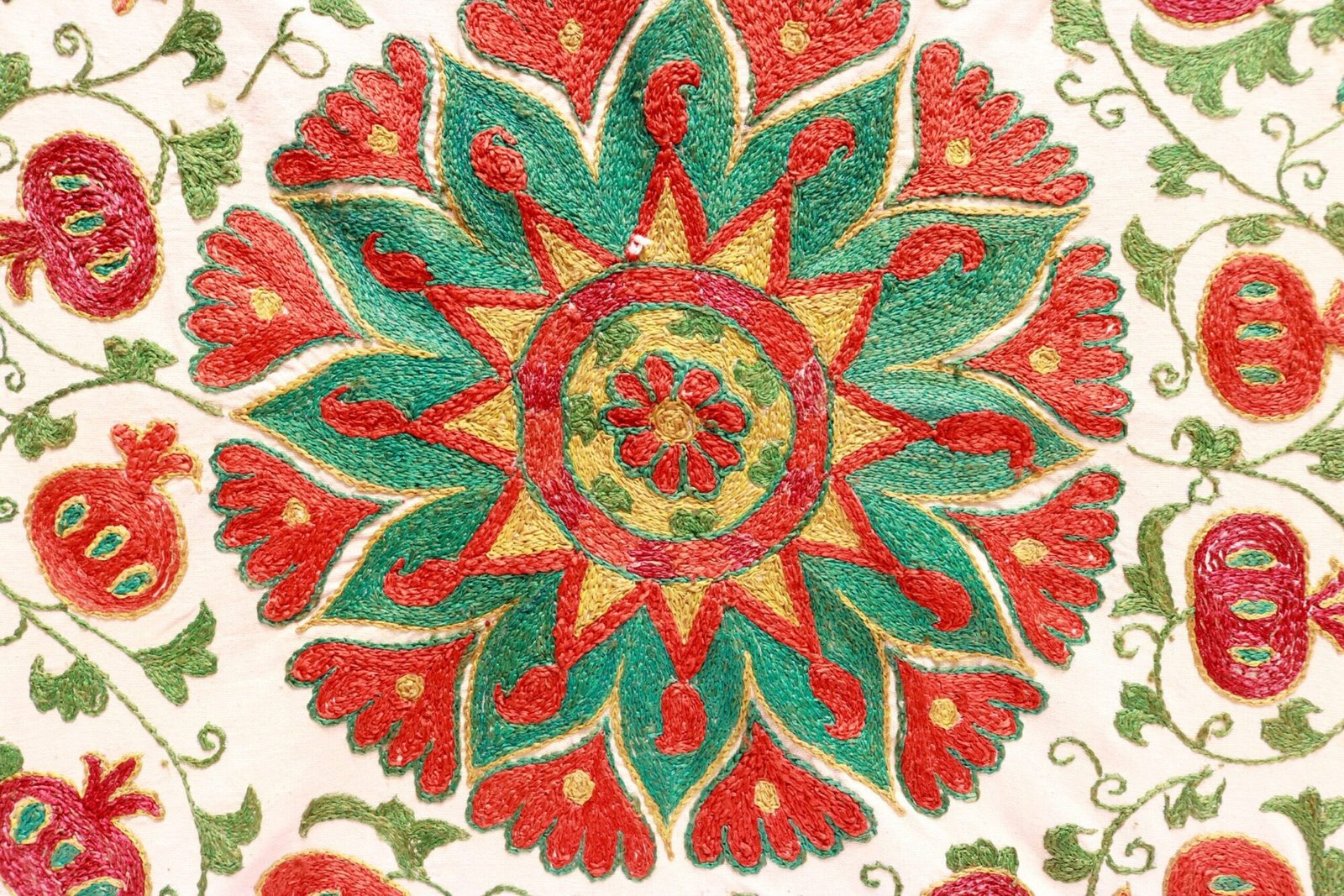 “Silk Suzani Fabric: Unique, Distinctive Embroidery Ideal for Tablecloths, Bed Covers, and Wall Hangings.”
