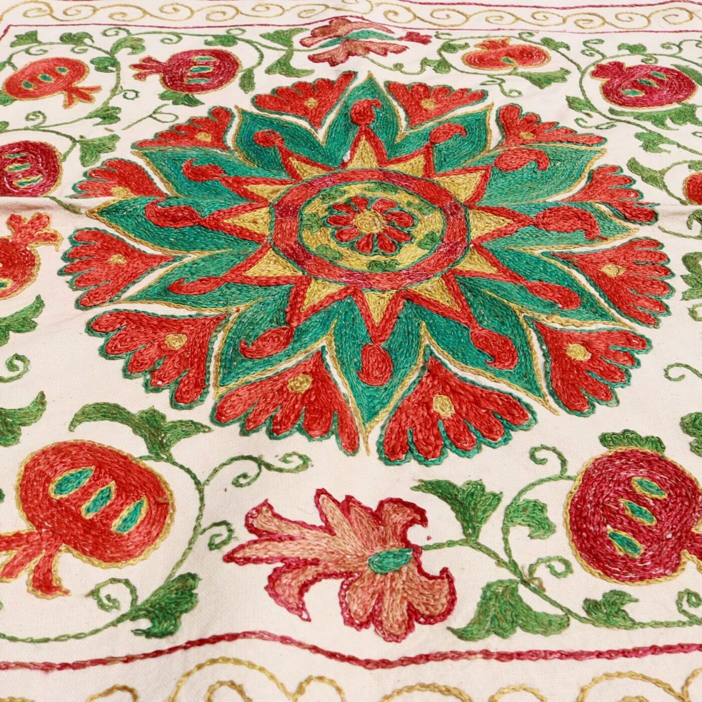 “Silk Suzani Fabric: Unique, Distinctive Embroidery Ideal for Tablecloths, Bed Covers, and Wall Hangings.”