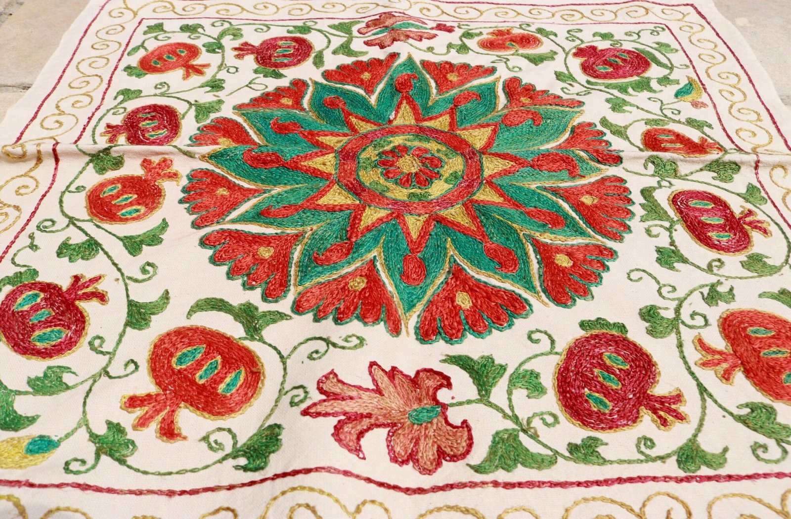 “Silk Suzani Fabric: Unique, Distinctive Embroidery Ideal for Tablecloths, Bed Covers, and Wall Hangings.”