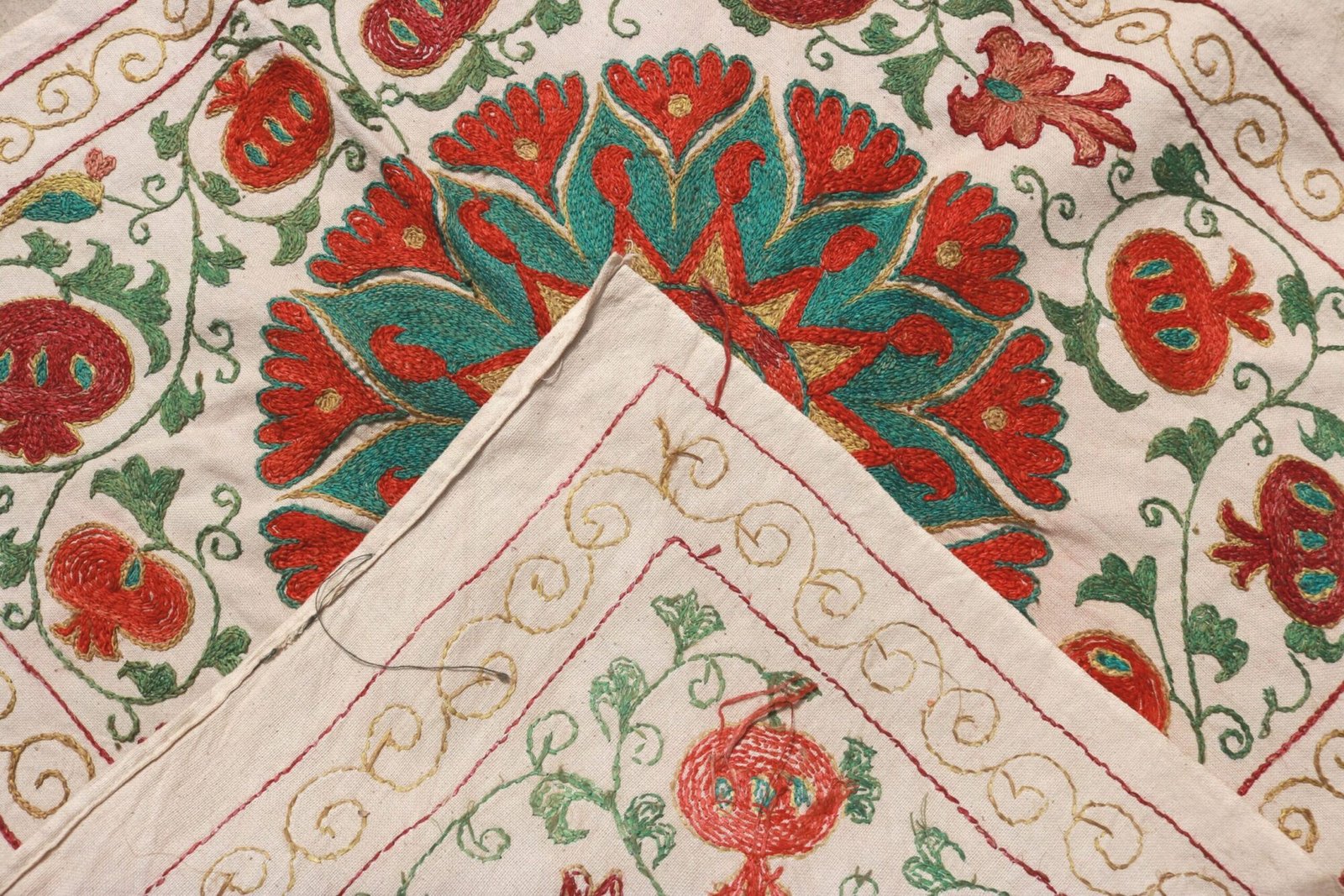 “Silk Suzani Fabric: Unique, Distinctive Embroidery Ideal for Tablecloths, Bed Covers, and Wall Hangings.”