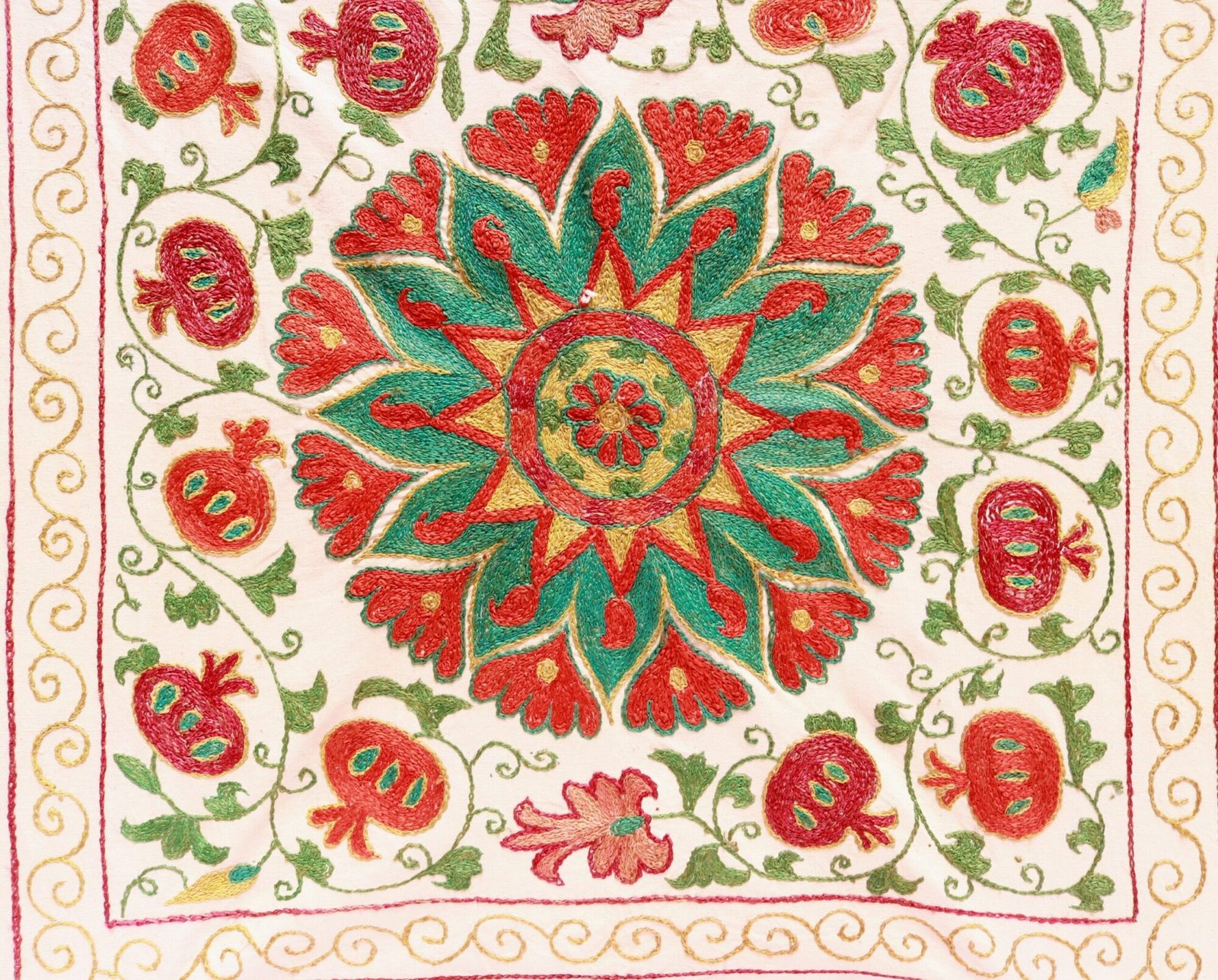 “Silk Suzani Fabric: Unique, Distinctive Embroidery Ideal for Tablecloths, Bed Covers, and Wall Hangings.”
