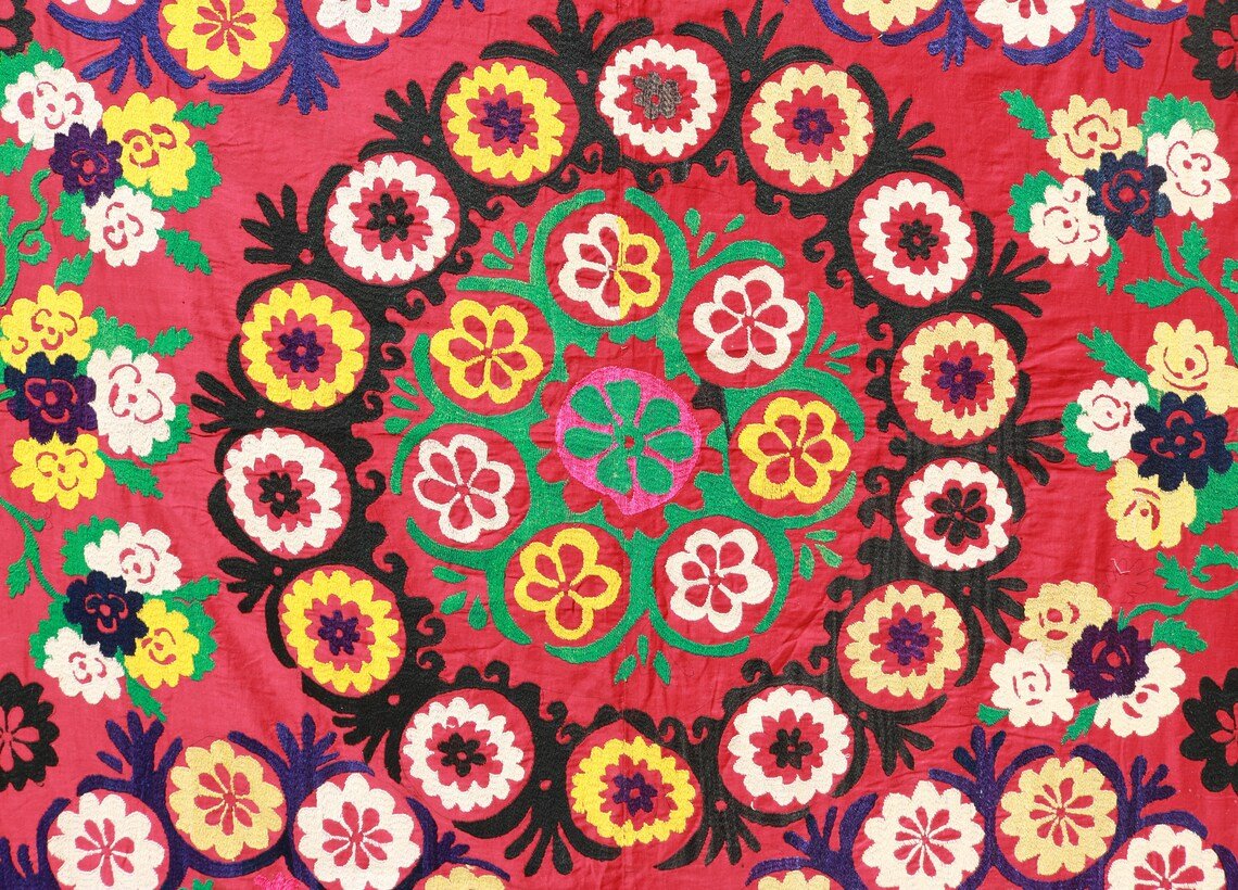 Suzani Vintage Boho Wall Decor, Uzbek Handmade Silk Embroidery, Suzani Fabric, Ethnic Wall hanging,Tapestry, Suzani Bedcover, Tablecloth