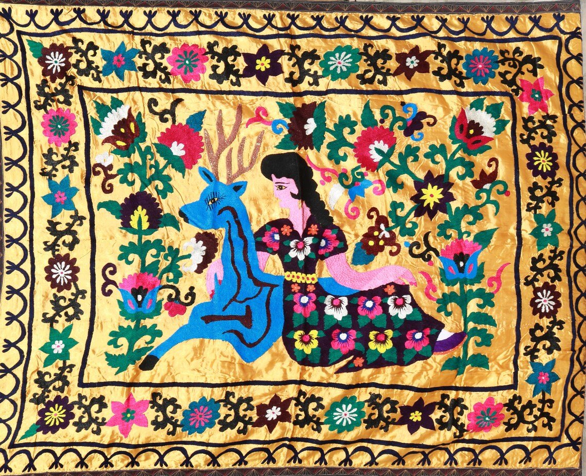 Suzani Vintage Boho Wall Decor, Uzbek Handmade Silk Embroidery, Suzani Fabric, Ethnic Wall hanging,Tapestry, Suzani Bedcover, Tablecloth