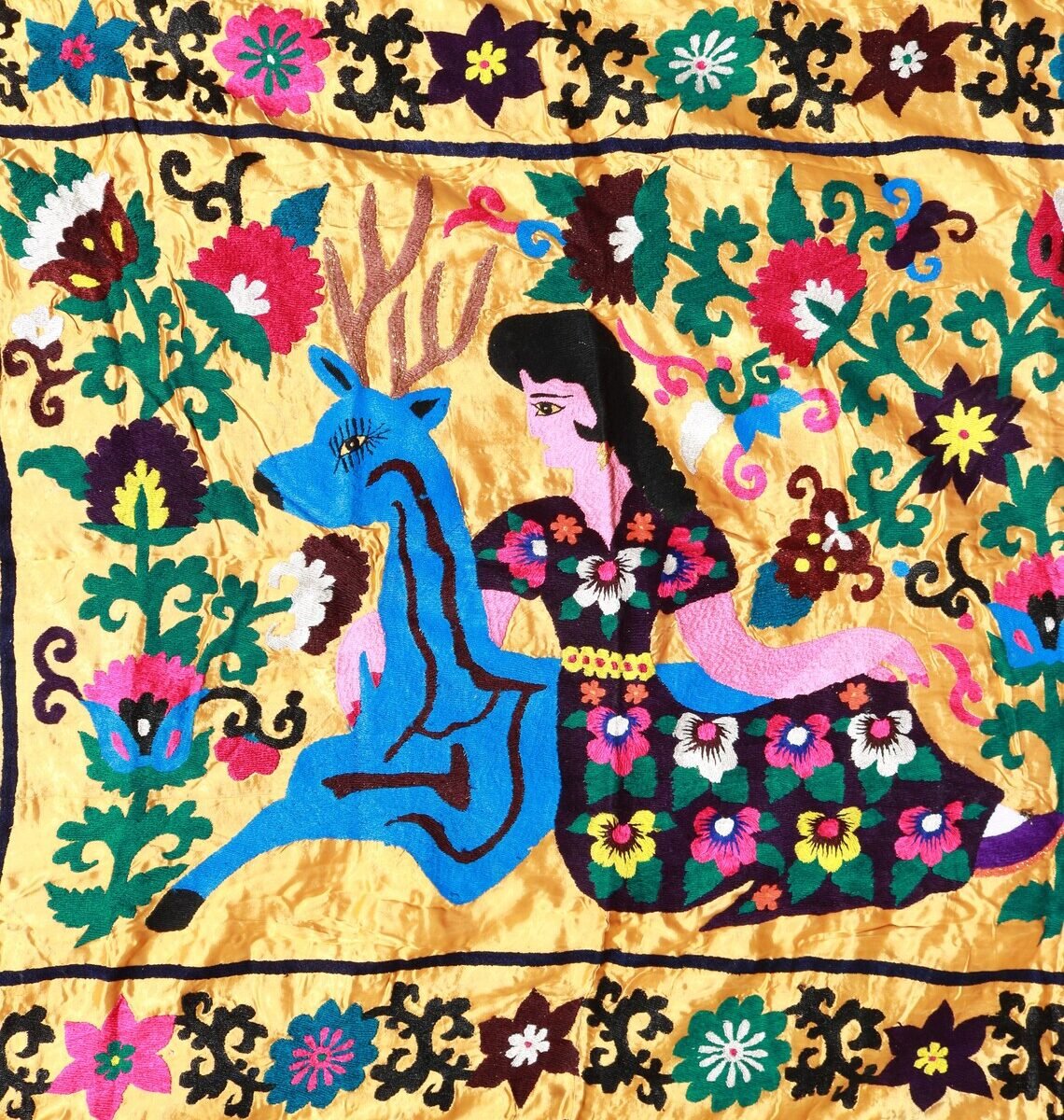 Suzani Vintage Boho Wall Decor, Uzbek Handmade Silk Embroidery, Suzani Fabric, Ethnic Wall hanging,Tapestry, Suzani Bedcover, Tablecloth