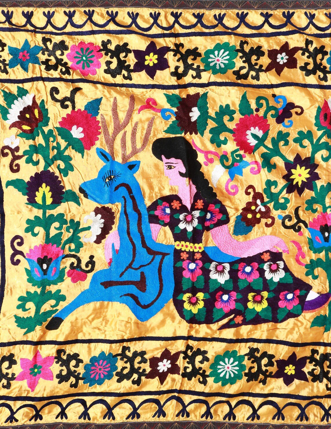 Suzani Vintage Boho Wall Decor, Uzbek Handmade Silk Embroidery, Suzani Fabric, Ethnic Wall hanging,Tapestry, Suzani Bedcover, Tablecloth