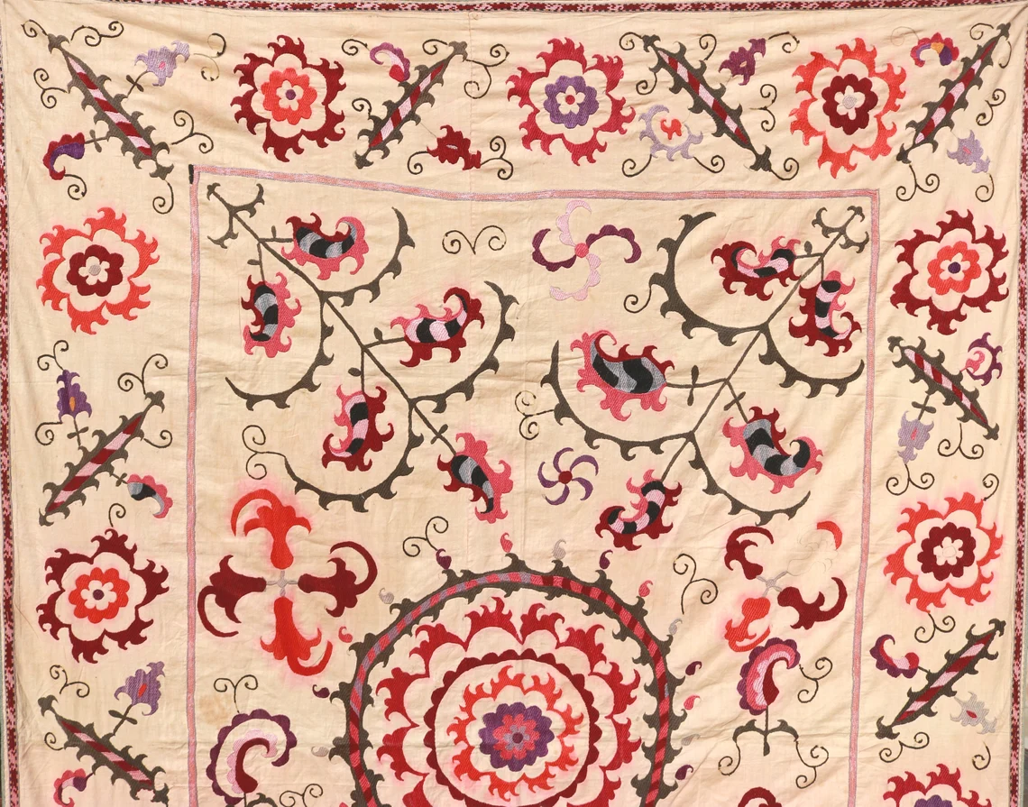 Suzani Vintage Boho Wall Decor, Uzbek Handmade Silk Embroidery, Suzani Fabric, Ethnic Wall hanging,Tapestry, Suzani Bedcover, Tablecloth