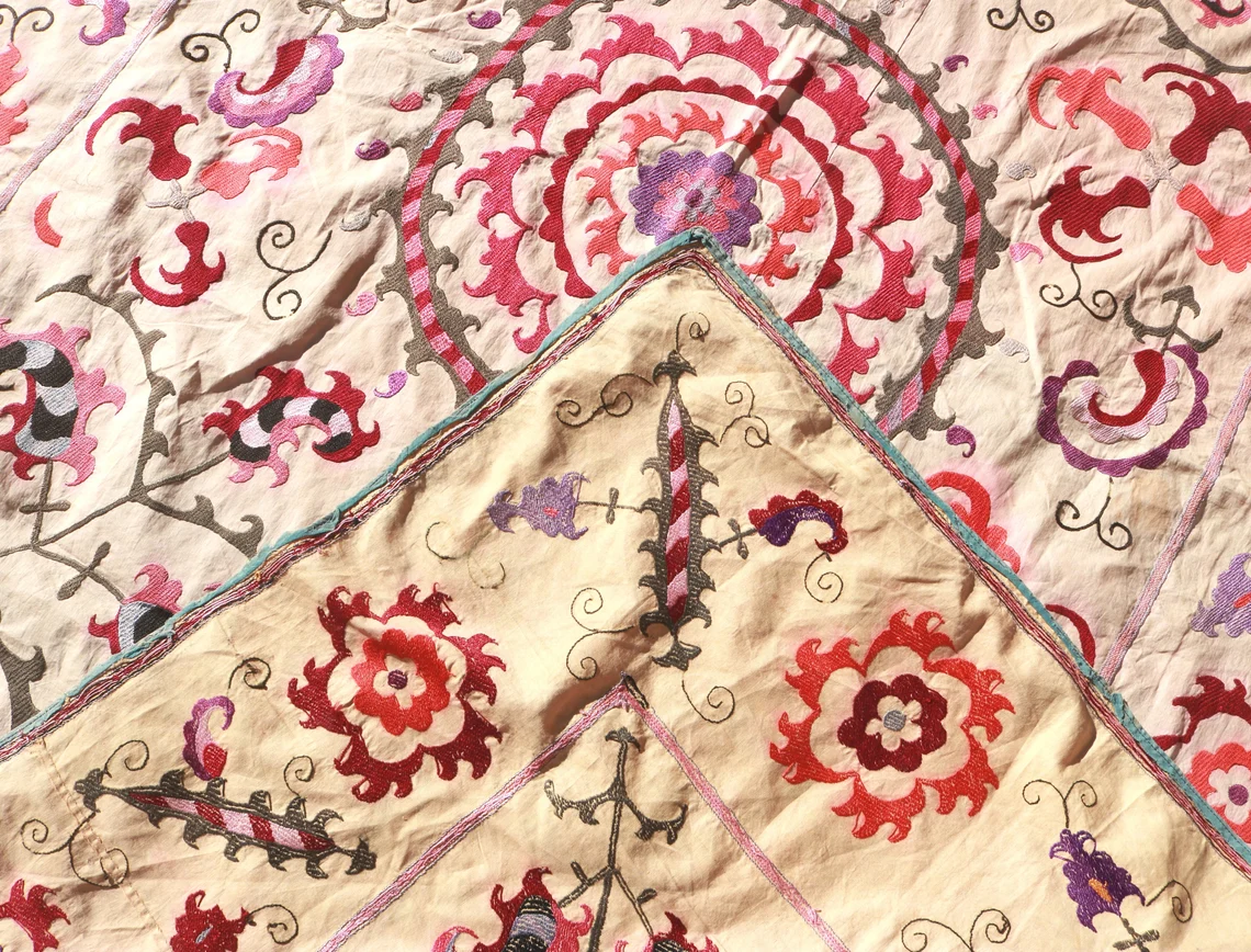 Suzani Vintage Boho Wall Decor, Uzbek Handmade Silk Embroidery, Suzani Fabric, Ethnic Wall hanging,Tapestry, Suzani Bedcover, Tablecloth