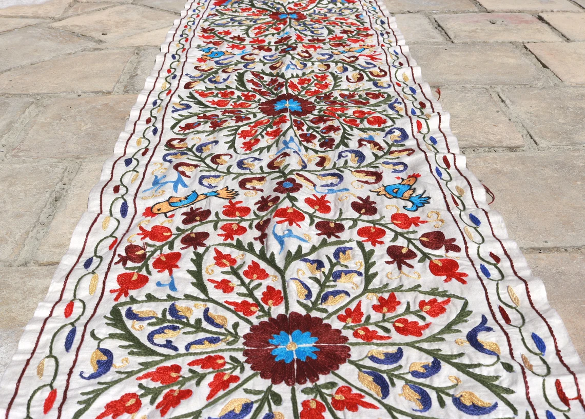 Suzani Runner Uzbek Silk embroidery,Suzani Fabric Suzani Wall Hanging, Bedspread, Bed cover, Wall hanging, Wall Decor fabric, Tablecloth
