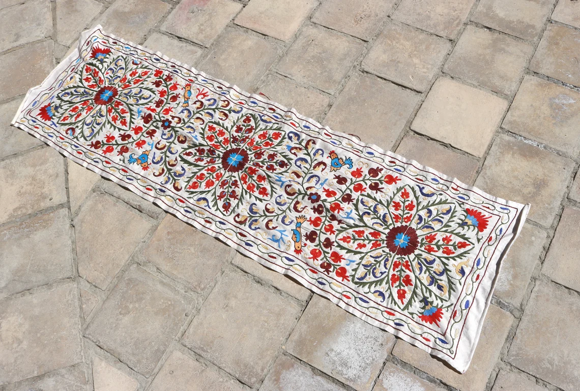 Suzani Runner Uzbek Silk embroidery,Suzani Fabric Suzani Wall Hanging, Bedspread, Bed cover, Wall hanging, Wall Decor fabric, Tablecloth