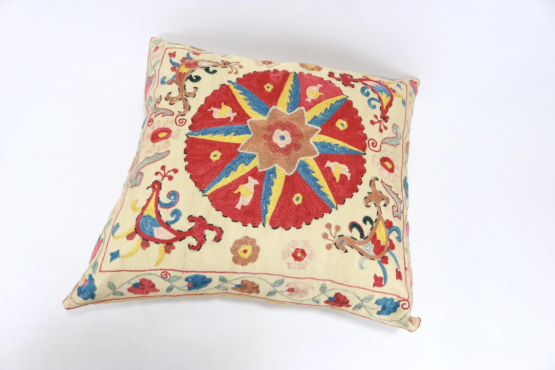 Uzbek Embroidery Suzani Pillow, Suzani Throw Pillow, Suzani Cushion Cover, Suzani Pillow Cover, Hand Embroidery Suzani Pillow, Best Sale