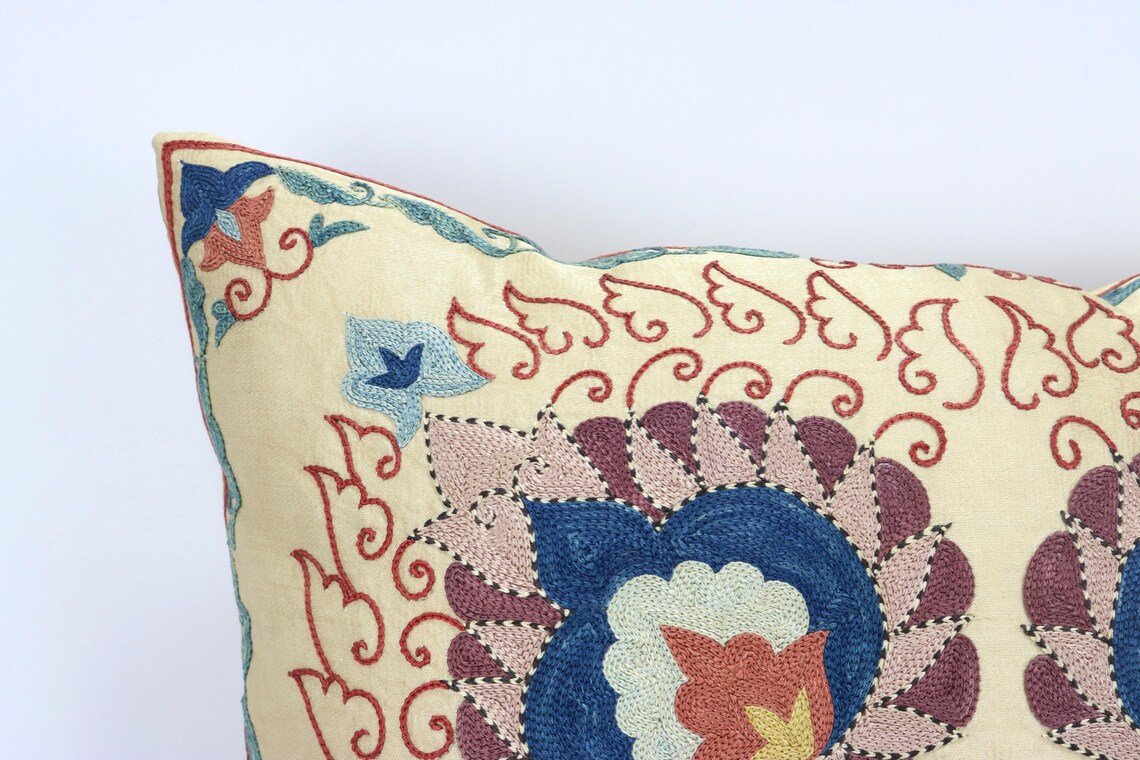 Suzani Pillow Uzbek Embroidery, Suzani Throw Pillow, Suzani Cushion Cover, Suzani Pillow Cover, Hand Embroidery Decorative Pillow-Pillowcase