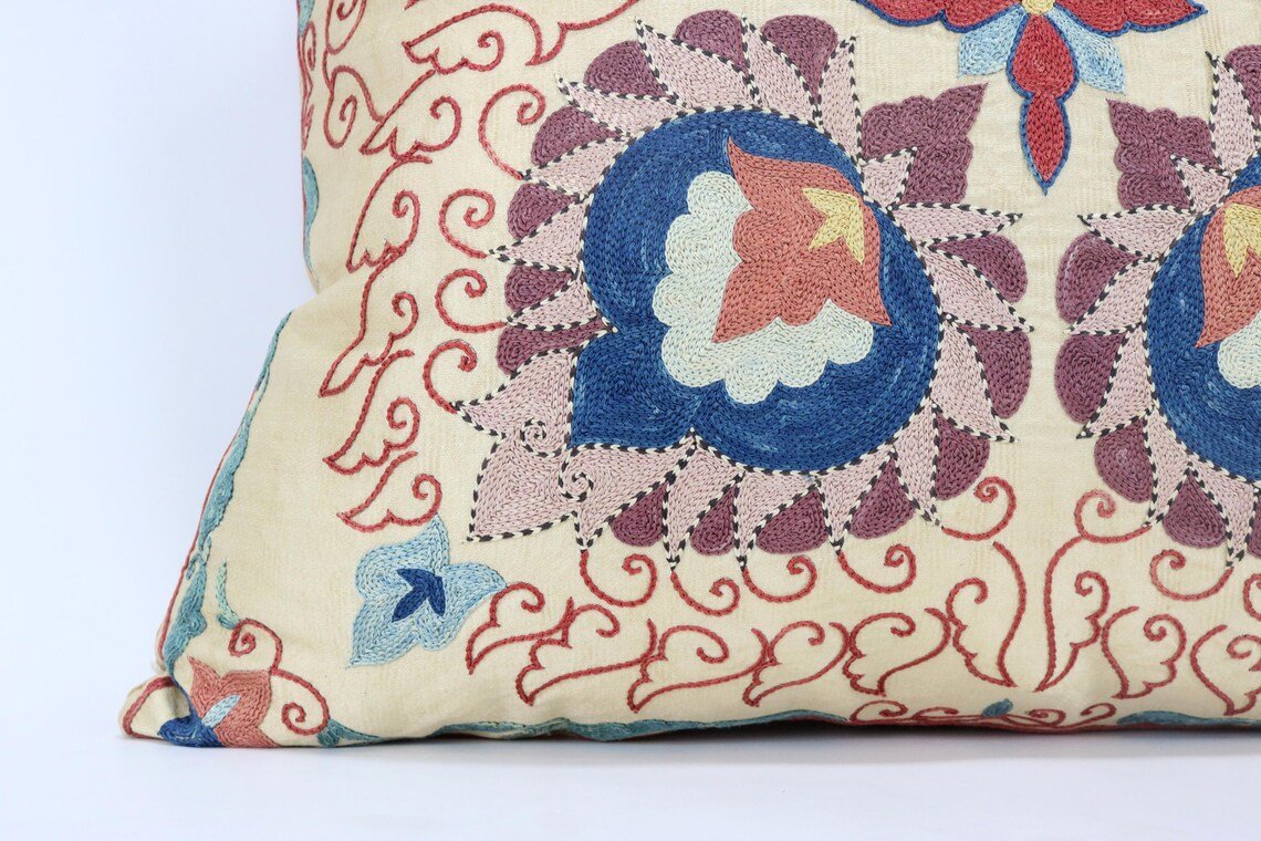 Suzani Pillow Uzbek Embroidery, Suzani Throw Pillow, Suzani Cushion Cover, Suzani Pillow Cover, Hand Embroidery Decorative Pillow-Pillowcase