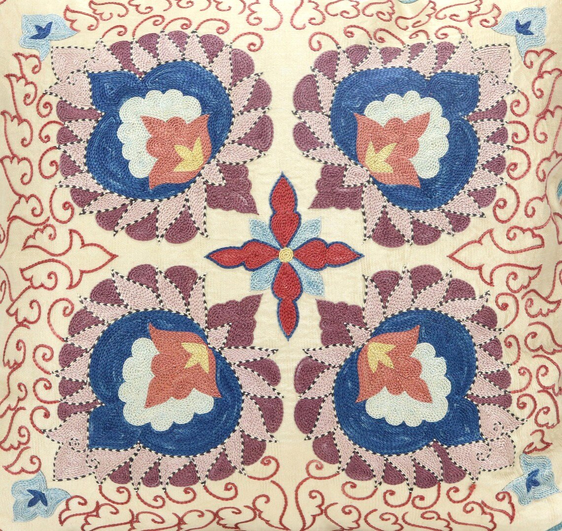 Suzani Pillow Uzbek Embroidery, Suzani Throw Pillow, Suzani Cushion Cover, Suzani Pillow Cover, Hand Embroidery Decorative Pillow-Pillowcase