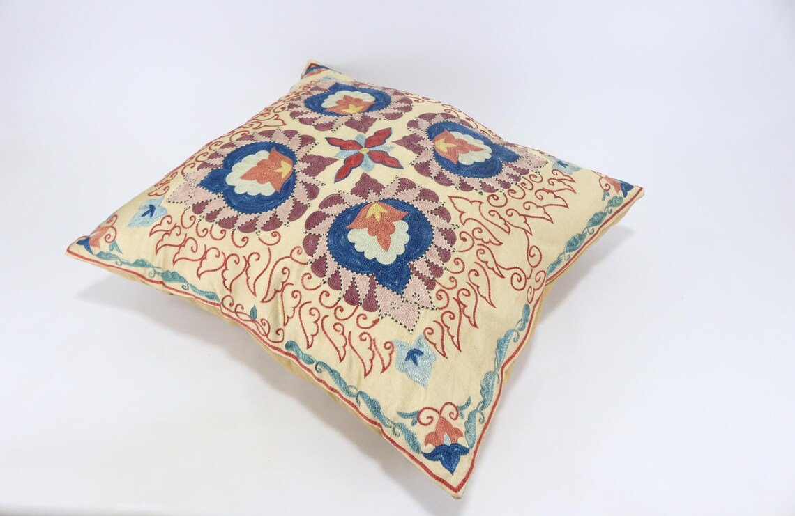 Suzani Pillow Uzbek Embroidery, Suzani Throw Pillow, Suzani Cushion Cover, Suzani Pillow Cover, Hand Embroidery Decorative Pillow-Pillowcase