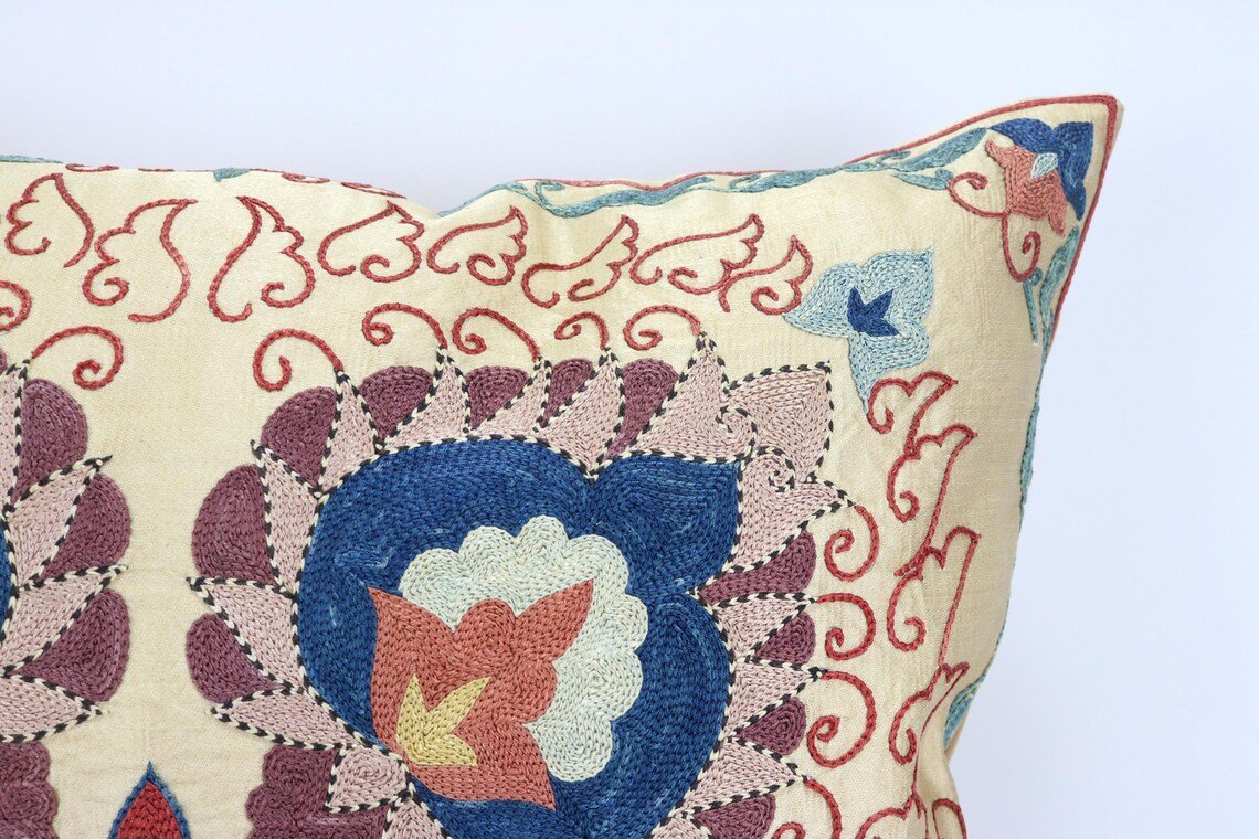 Suzani Pillow Uzbek Embroidery, Suzani Throw Pillow, Suzani Cushion Cover, Suzani Pillow Cover, Hand Embroidery Decorative Pillow-Pillowcase