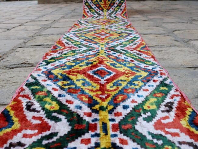 Uzbek handmade, handwoven, hand-dyed, natural Silk Velvet ikat fabric. Exclusive corduroy fabric.