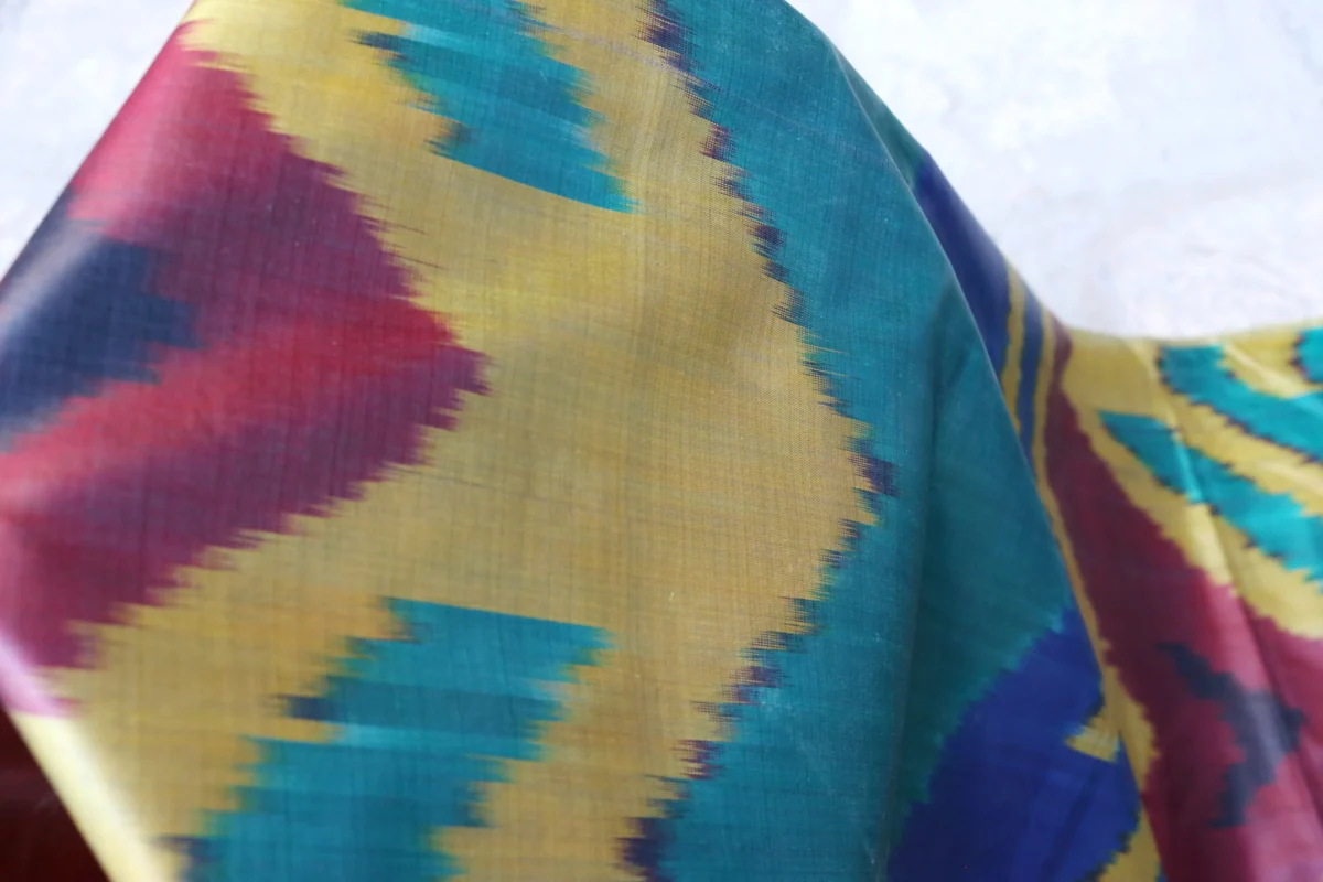 Uzbek handmade, handwoven, hand-dyed, natural 100% Silk ikat fabric.