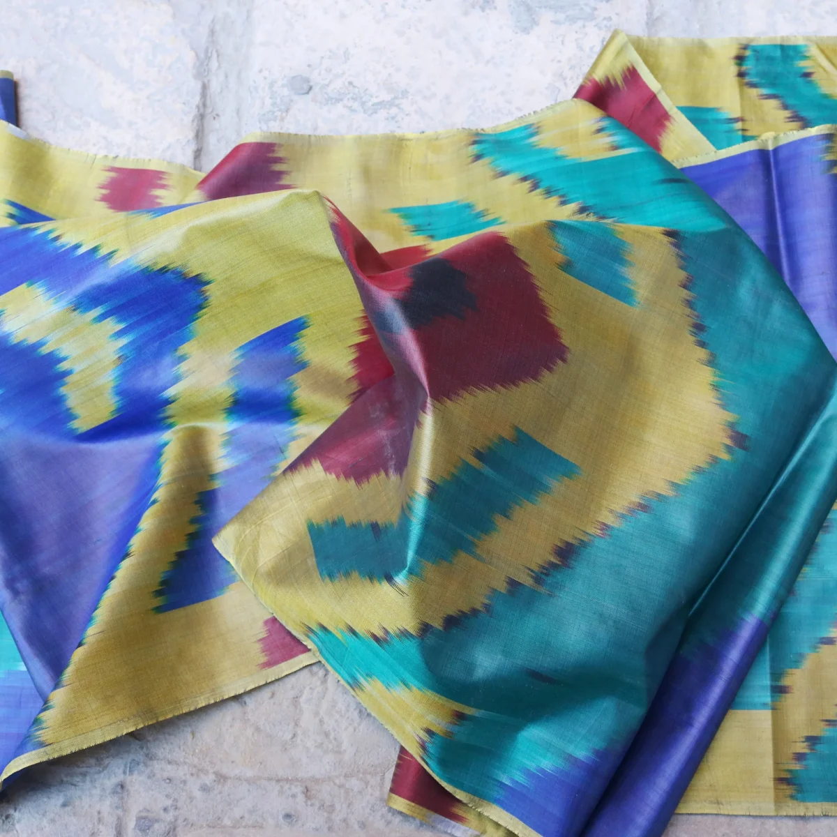 Uzbek handmade, handwoven, hand-dyed, natural 100% Silk ikat fabric.
