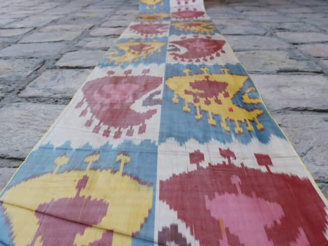 Uzbek handmade, handwoven, hand-dyed, natural 100% Silk ikat fabric.
