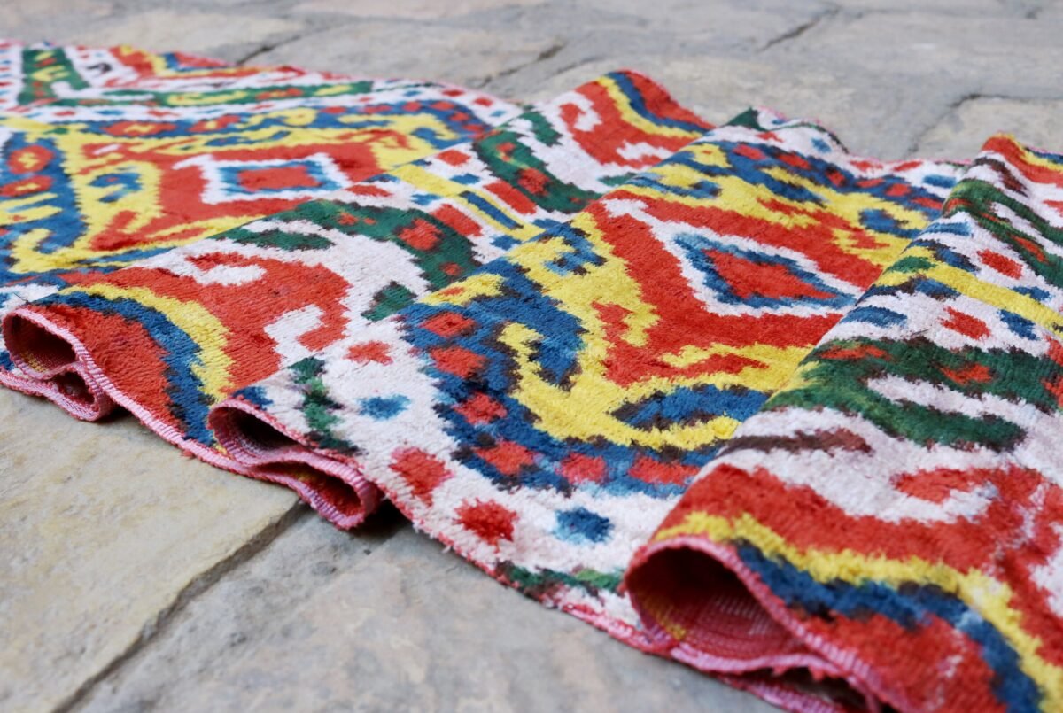 Uzbek handmade, handwoven, hand-dyed, natural Silk Velvet ikat fabric. Exclusive corduroy fabric.