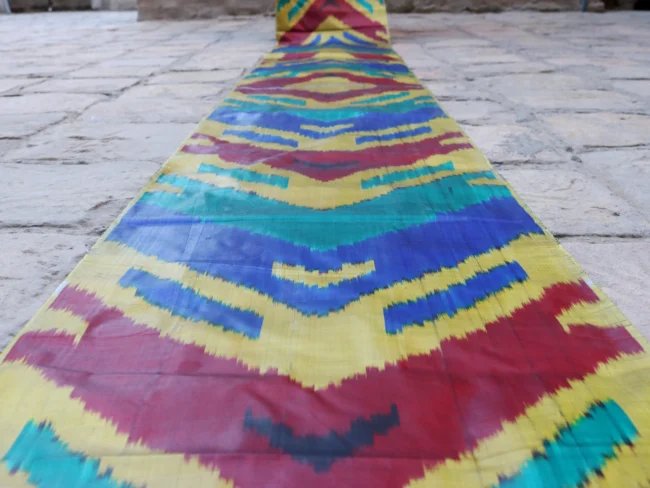 Uzbek handmade, handwoven, hand-dyed, natural 100% Silk ikat fabric.