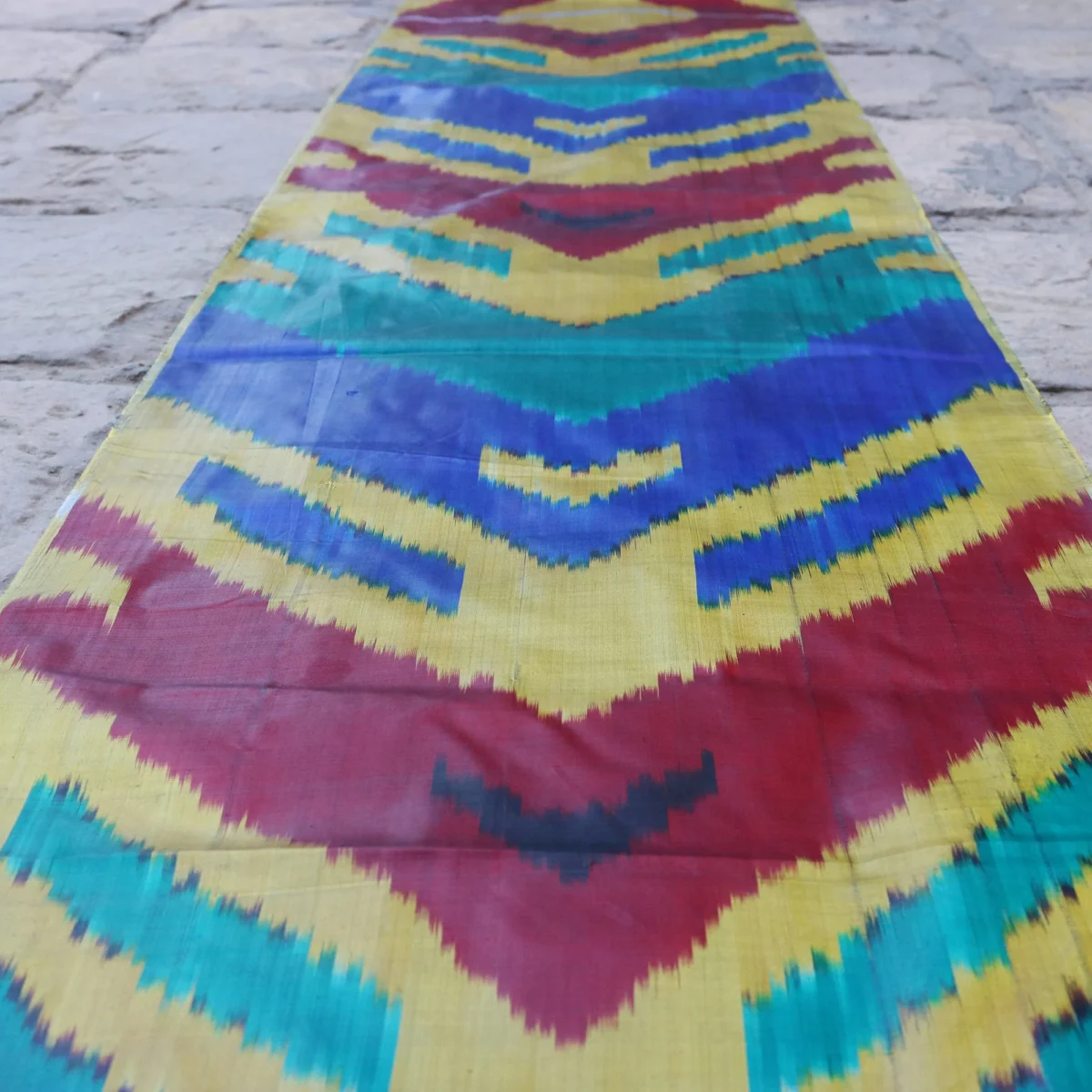 Uzbek handmade, handwoven, hand-dyed, natural 100% Silk ikat fabric.