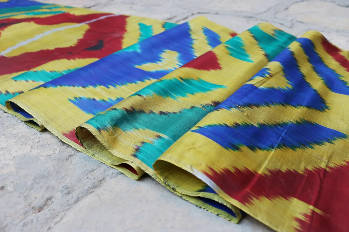 Uzbek handmade, handwoven, hand-dyed, natural 100% Silk ikat fabric.