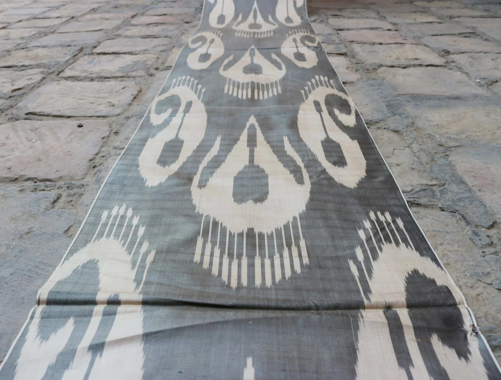 Uzbek handmade, handwoven, hand-dyed, natural 100% Silk ikat fabric.