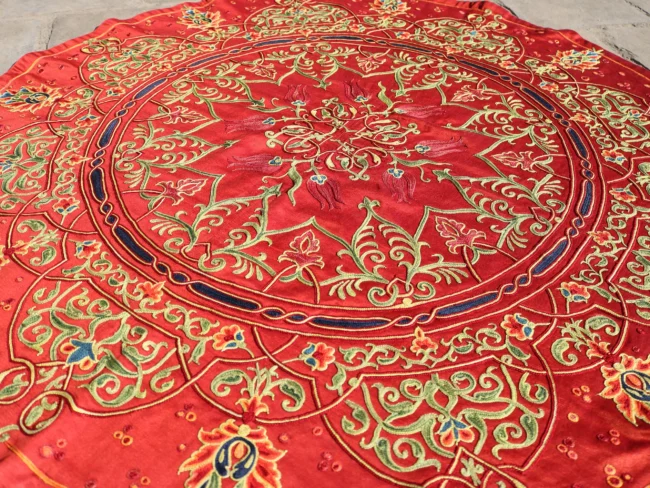 Circle Tablecloth Suzani Decor, Uzbek Silk hand embroidery, Round Table Covering Suzani, Suzani Wall Hanging, Wall Decor fabric, Home decor