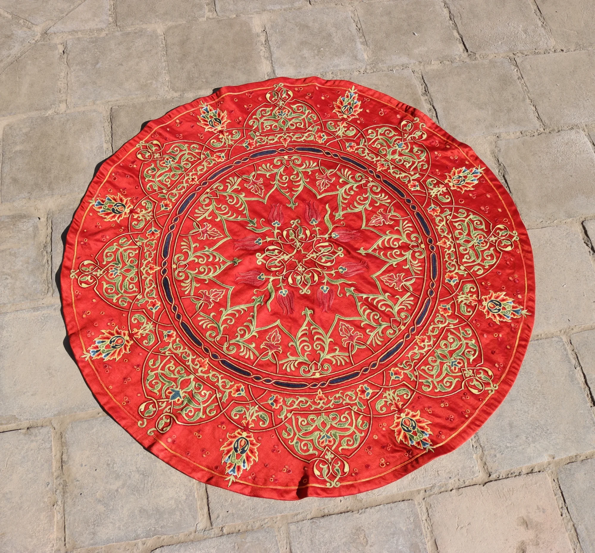 Circle Tablecloth Suzani Decor, Uzbek Silk hand embroidery, Round Table Covering Suzani, Suzani Wall Hanging, Wall Decor fabric, Home decor